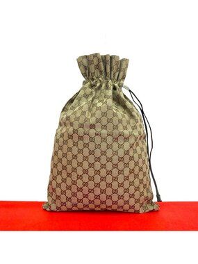 Gucci GG Canvas Leather Drawstring Shoulder Bag Tote Pouch Brown